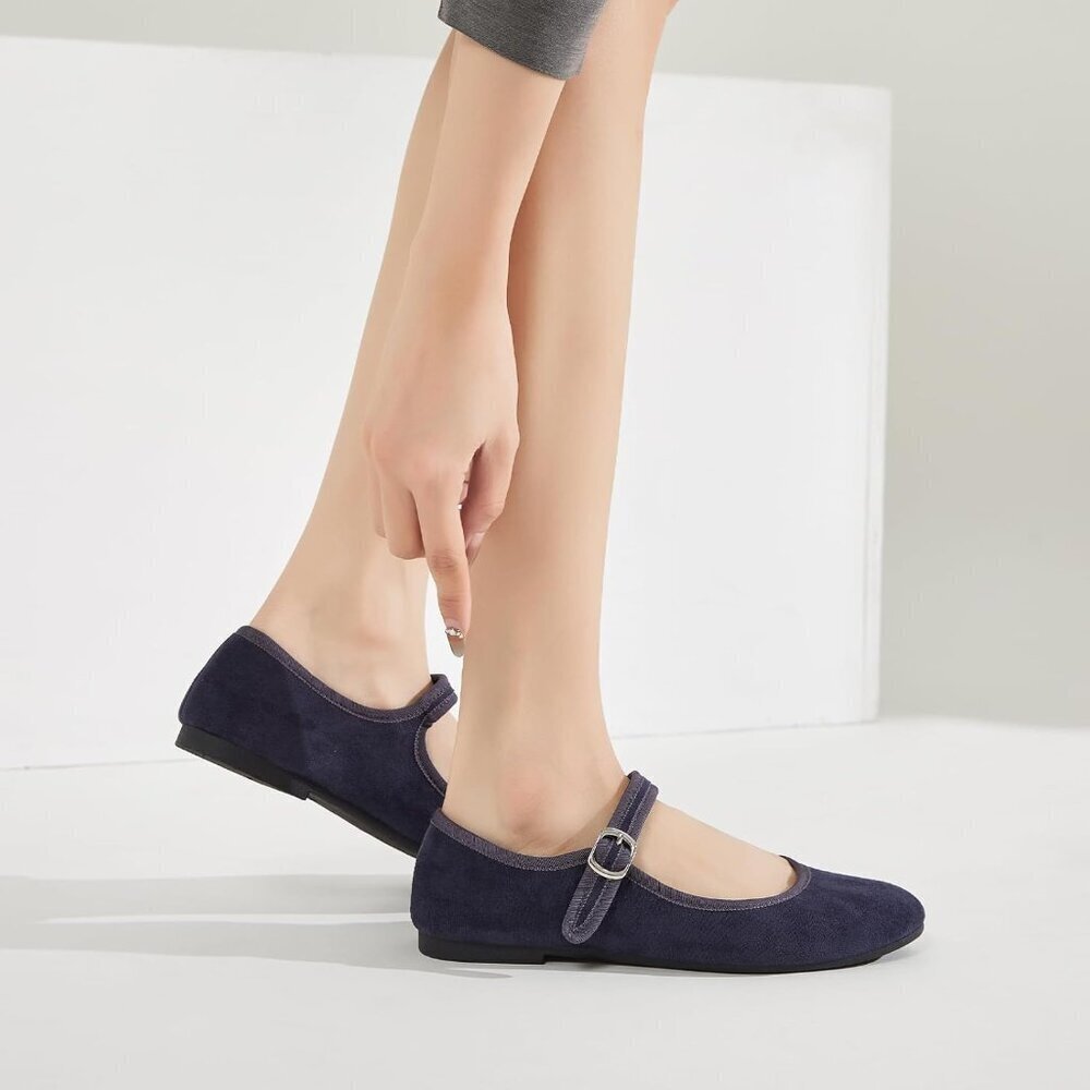 Babudog Womens Navy Faux Suede Rounded Toe Ankle Strap With Buckle Flats - Picture 4 of 9